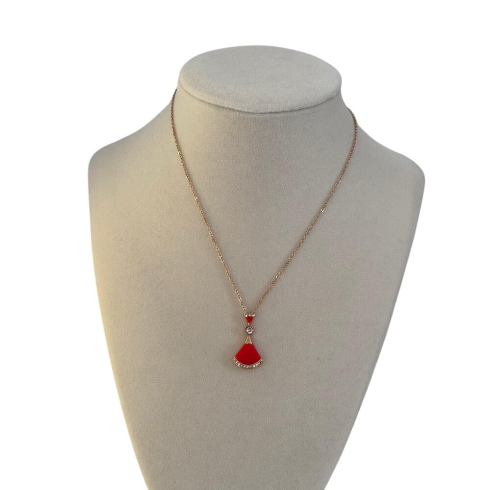 Red Fan Pendant Necklace Gold Tone Crystal Accent Statement Jewelry Women - Picture 2 of 6
